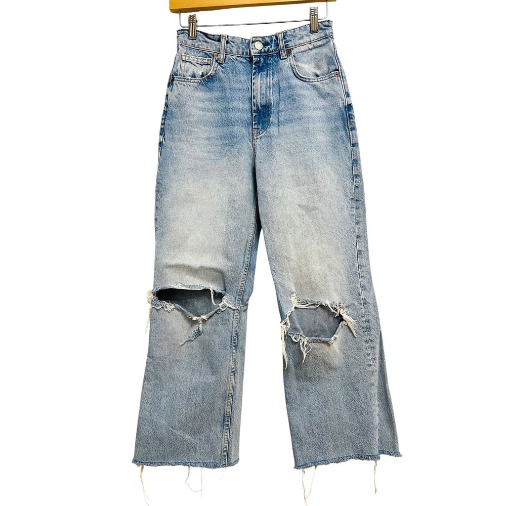 Zara Distressed Wide Leg Jeans Womens 4 Light Blue High Rise Ripped Knee Grunge